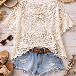 ODDY Crochet Lace Short Sleeve Top - Cream